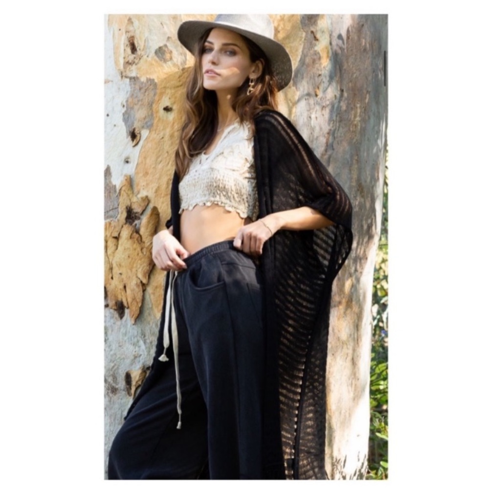 New POL Black Loose Rib Knit Cardigan/Kimono With Fringe Hem - Picture 4 of 11